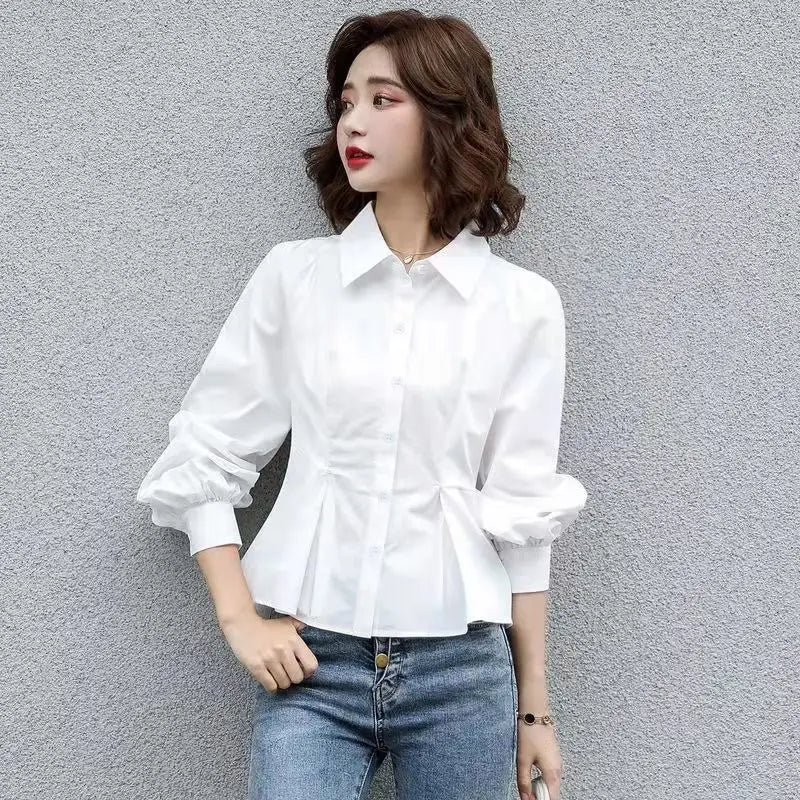 Stylish Lapel Button Spliced All-match Folds Lantern Sleeve Shirt Women's Clothing 2022 Autumn New Casual Tops Loose Chic Blouse