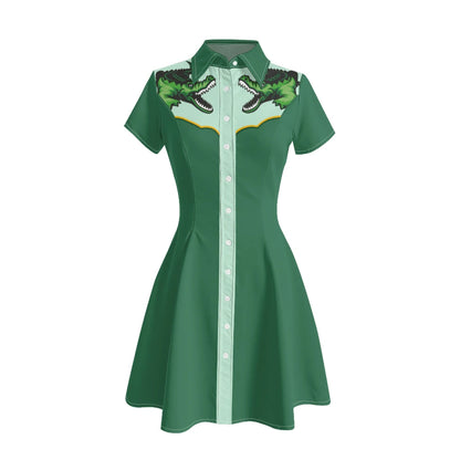 Women's Western Shirt Dress with Music Notes and Dolphin Print Cowboy Collar Button Up Pure Cotton Midi Dress Casual Boho Style