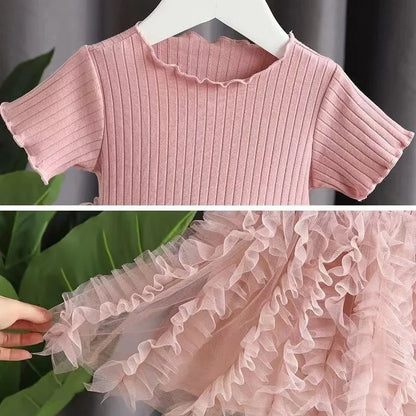 1-5 Years Kid Girl Party Dress Summer Solid Short Sleeve Lace Ribbed Mesh Dress Birthday&Wedding Party Clothing for little Girls