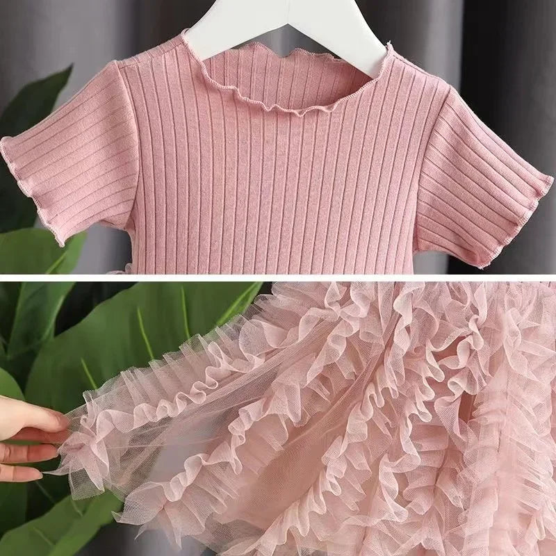 1-5 Years Kid Girl Party Dress Summer Solid Short Sleeve Lace Ribbed Mesh Dress Birthday&Wedding Party Clothing for little Girls