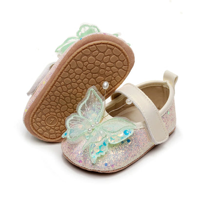 Shiny 3D Butterfly Princess Dress Shoes for Baby Girl Glitters Flats Non-Slip Crib Shoes Walking Shoes for Toddlers Infants