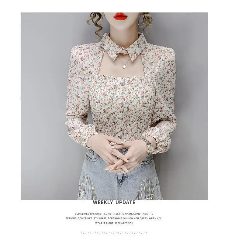 2025 Floral Chiffon Shirt New Spring Summer Women Collect Waist Hollow Out Tops Vintage Blouse Women Longsleeve Short Shirt 3XL