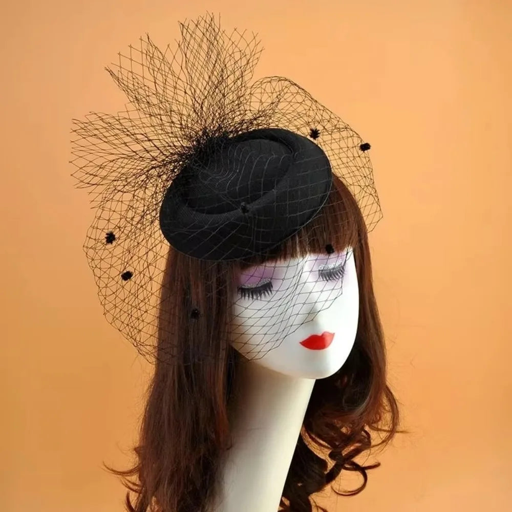 Retro Black Veil Small Top Hat Mesh Wool Felt Hats Bride Headpiece Hair Accessories