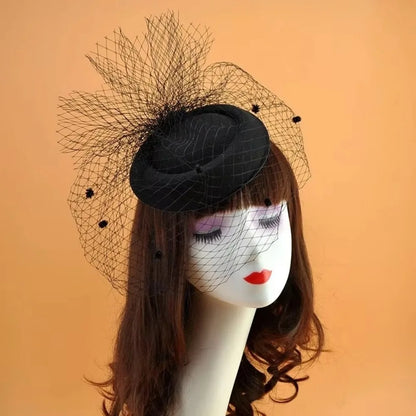 Retro Black Veil Small Top Hat Mesh Wool Felt Hats Bride Headpiece Hair Accessories