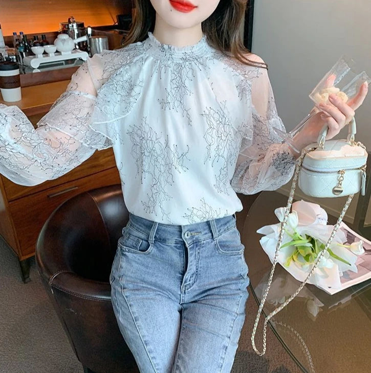 Chiffon Women's Shirt and Blouse Lace Flowers Luxury Designer Youthful Woman Clothes Vintage Clothing Female Tops Trend 2025 New