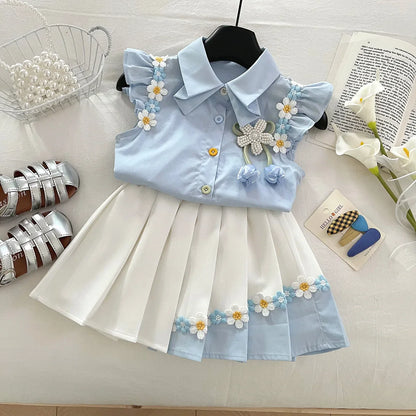 Summer New Baby Floral Short Sleeve Puff Sleeve Top Elastic Waist Pleated Skirt Girls' Set17401
