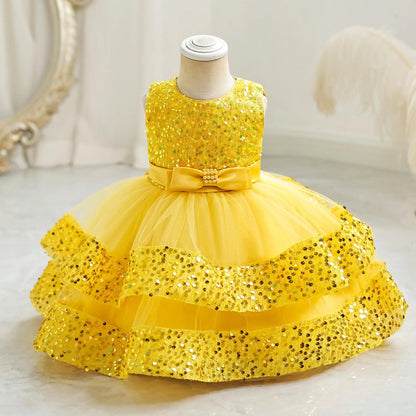 2025 Summer Girls Party Dresses 1-6 Years Kids Glittering Princess Dress Baby High-end First Birthday Party Evening Dress