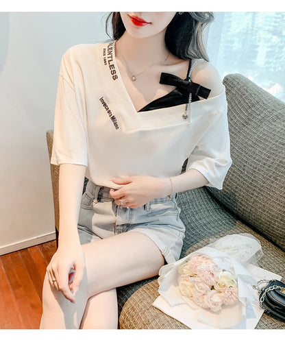 Unique Design oulder Bared ort Sve V-Ne Loose T-irt for Women  Knot Print Splice Asymmetrical Korean Sle