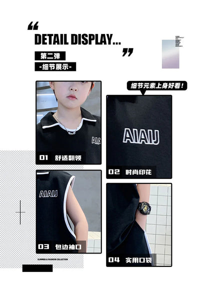 Boys Clothing Set American Style Children Vintage Vest Casual Sport Loose Pullover Sleeveless T-shirt Top Shorts Two-piece Set