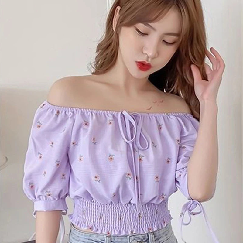 Sweet Broken Flower Women Short Shirts Elegant O-Neck Bow Tie Blouses Korean Fashion Elastic Waist Puff Sleeve Blouses 2025 New