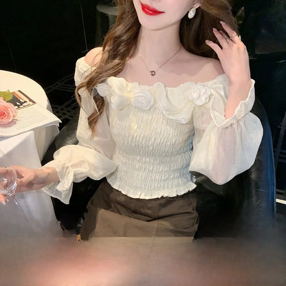 Sweet oulder One-oulder 3D Flower Bell Sve Women's irt Spring New Sle Waist Cinching Beautiful Top Ci Walk ort...