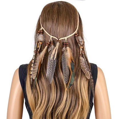 Gypsy Fashion Beautiful Boho Style Feather Headband Headdress Tribal Hair Feather Rope Headpieces Hippie Party