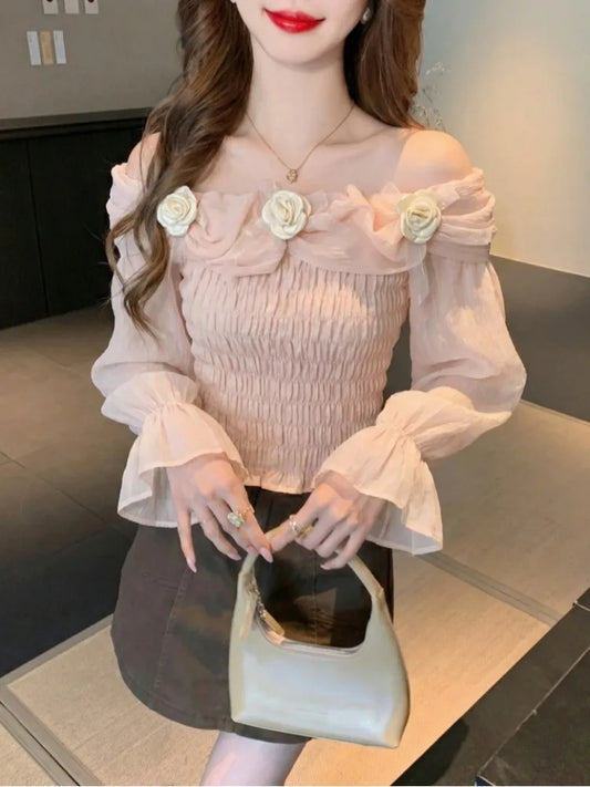 Sweet oulder One-oulder 3D Flower Bell Sve Women's irt Spring New Sle Waist Cinching Beautiful Top Ci Walk ort...