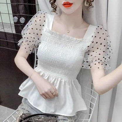 Summer patchwork mesh polka dot short sleeve chiffon blouse women's new stylish bubble sleeve top