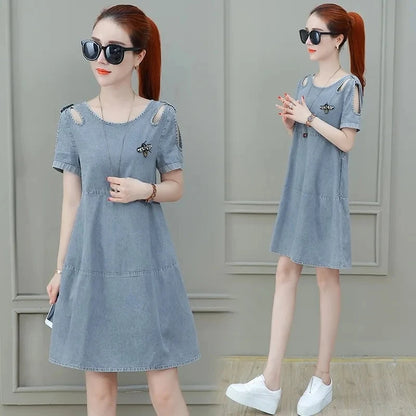 Short sleeved Denim Dress Summer Women's 2024 New College style Fashion Student Loose Dress With pockets Casual Clothing
