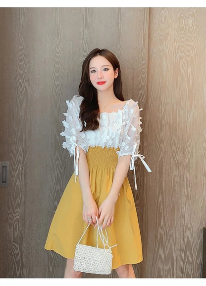 Women Summer French Style Elastic Waist Dress Korean Edition New Splicing Design Slim Half Sleeve Fairy Knee-length Dresses