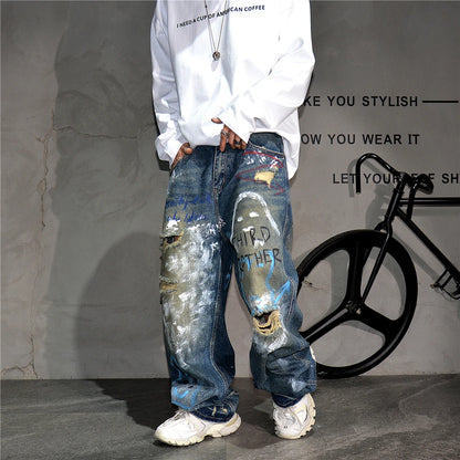 High End Men'S Clothing Hip Hop Graffiti Baggy Jeans For Men Streetwear Skateboard Ripped Jeans Korean Trendy Denim Trousers  ( Available )