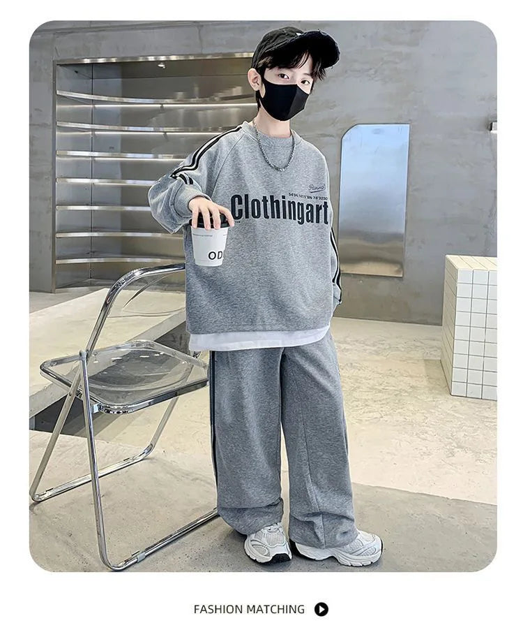 Teenager boys Suit autumn winter Cloth letter striped sweatshirt hooded + wide leg Pants tracksuit 5 8 10 12 Year Child set