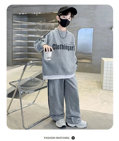 Teenager boys Suit autumn winter Cloth letter striped sweatshirt hooded + wide leg Pants tracksuit 5 8 10 12 Year Child set