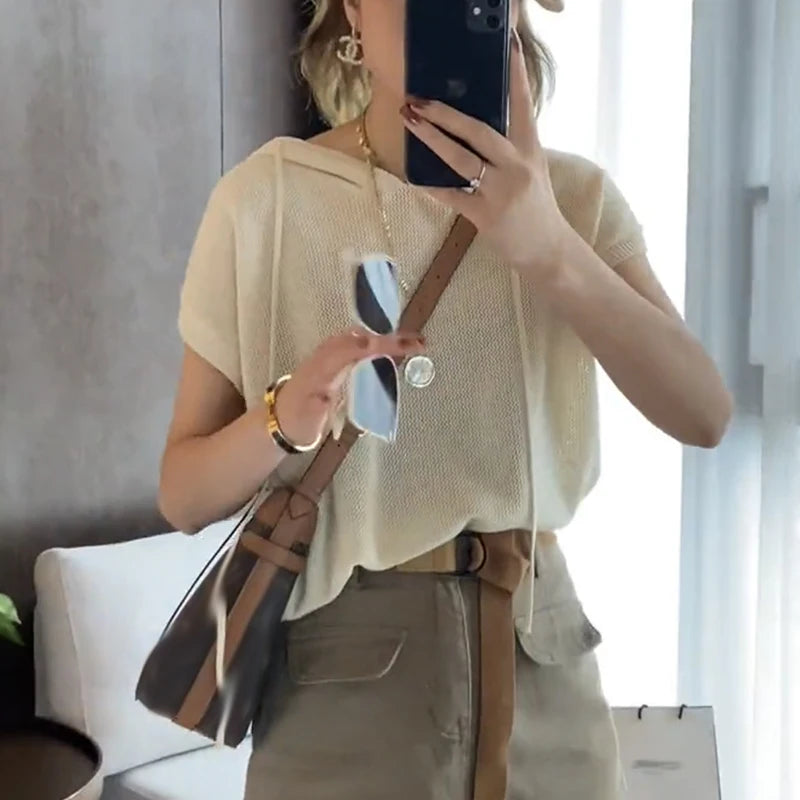 Hooded Knitted Ice Silk ort Sve T-irt Casual Versatile Retro Women's Summer Faion Top Breathable Comfortable round Ne