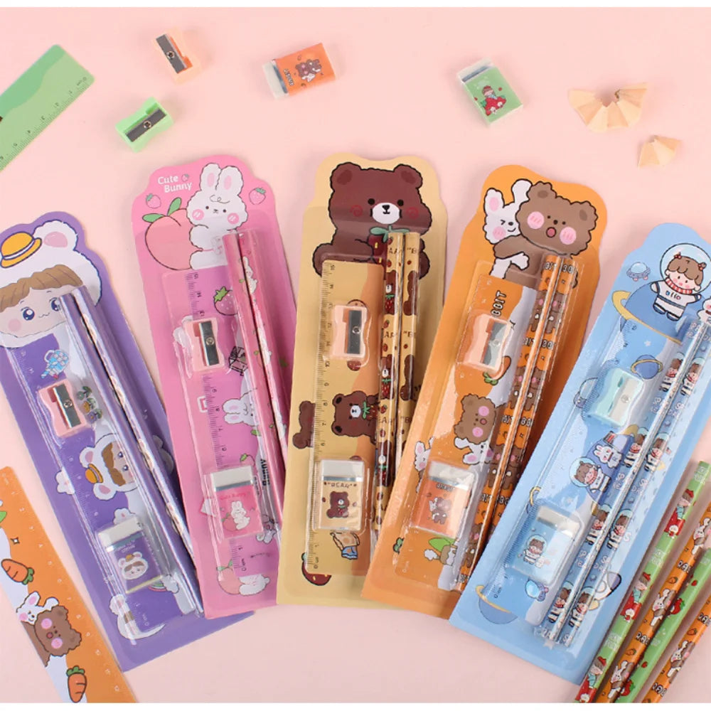5Pcs Cute Cartoon Stationery Set Pencil Ruler Eraser Pencil Sharpener Kawaii Children School Scrapbook Supplies Set For Gifts