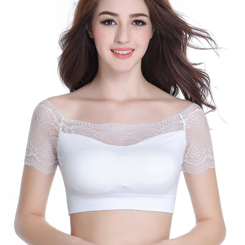 Women Lace Square Neck Short Sleeve Summer Soft Tank Top With Chest Pad Crop Top Femme Tank Fashion Party Tight Fitting Clothing