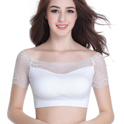 Women Lace Square Neck Short Sleeve Summer Soft Tank Top With Chest Pad Crop Top Femme Tank Fashion Party Tight Fitting Clothing