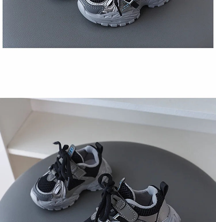 Children Sport Shoes Spring Autumn Kids Sneakers Soft Breathable Mesh Shoes Boys Girls Lace-up Running Shoes Gray, Black