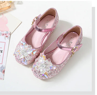 Kids Causal Shoes Wedding Party Children's High Heels Princess Shiny Crystal Flower Girls Leather Shoes Pink Blue Sliver 23-38