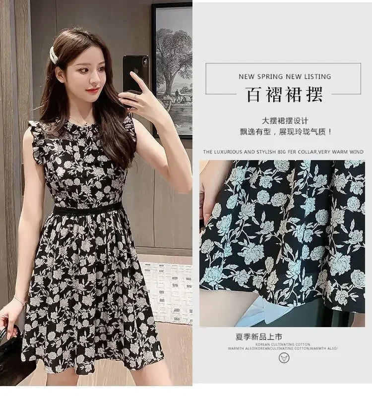 Neck Gauze Mesh Slim Sleeveless Floral Dress Women's New Style Spliced round