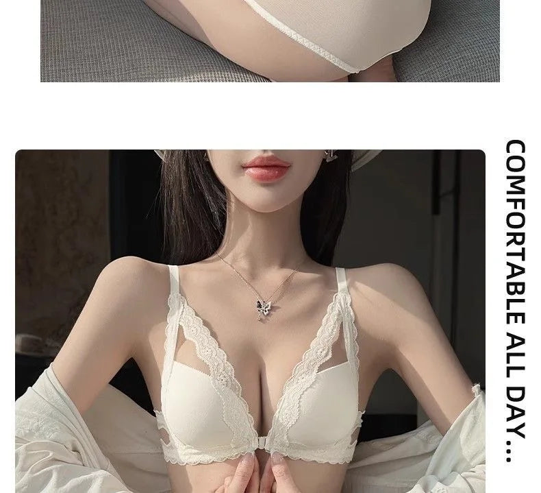 Front button underwear ladies small breasts gathered 2025 spring summer new sexy pure lace white beautiful back bra set