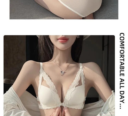 Front button underwear ladies small breasts gathered 2025 spring summer new sexy pure lace white beautiful back bra set