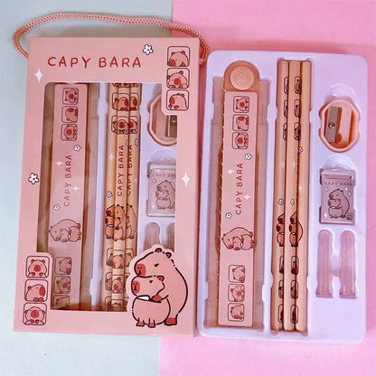 1Set 8 In 1 Student Stationery Capybara Pencil Ruler Eraser Sharpener Set Office Accessories School Writing Supplies Kids Gifts