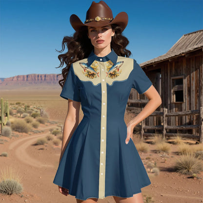 Women's Western Shirt Dress with Music Notes and Dolphin Print Cowboy Collar Button Up Pure Cotton Midi Dress Casual Boho Style