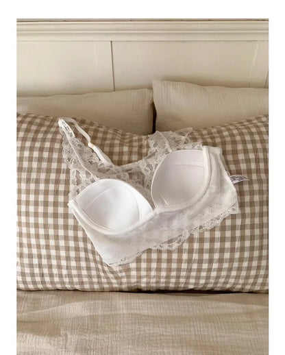 French Lace Lingerie Gathered No Steel Ring Bra Deep V Neck Sexy Wire Free Bras Underwear Tank Tops Padded Camisole Vest