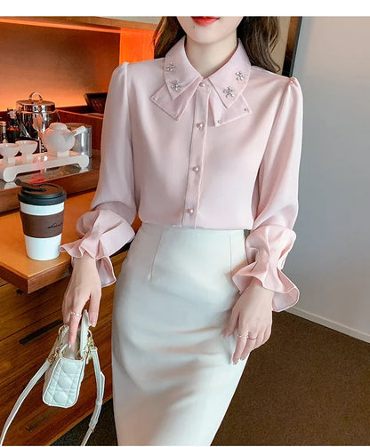 Elegant Long Sleeve Chiffon Shirts Women Autumn Winter Fashion White Blusa Feminina Korean Style Office Ladies Tops Blouses