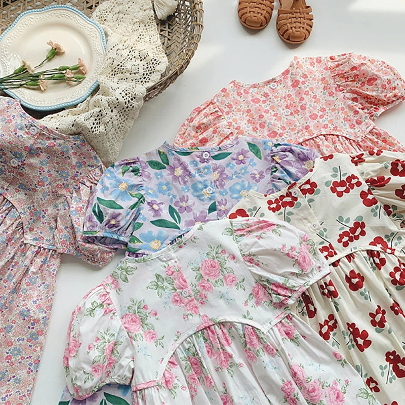 Summer Kids Girls Dresses Short Sleeve A Line Girls Dresses Floral Print Pleated Dress For Girl