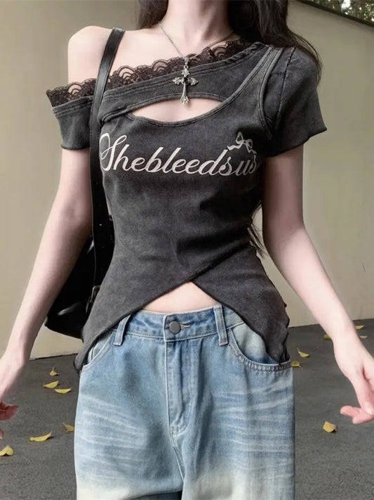 Onalippa 2026 Korean Design Niche Sweet Spicy Girl Lace Edge Hollow Out Vintage Short Sleeved T-shirt Summer Letter Printed Top