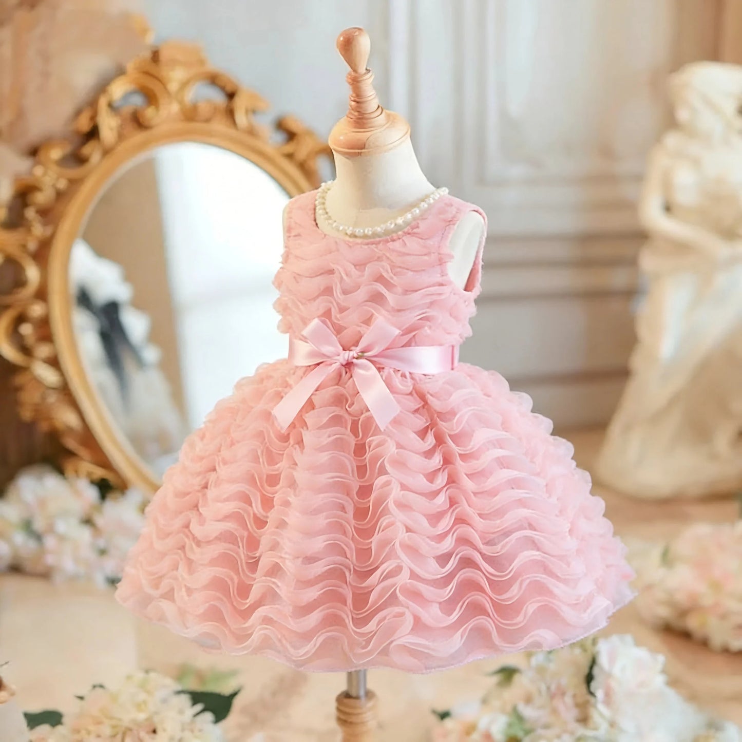 4-7 Years Girls' Birthday Party Dress - Round Collar 3D Ruffled Tulle, Perfect for Evening/Gathering