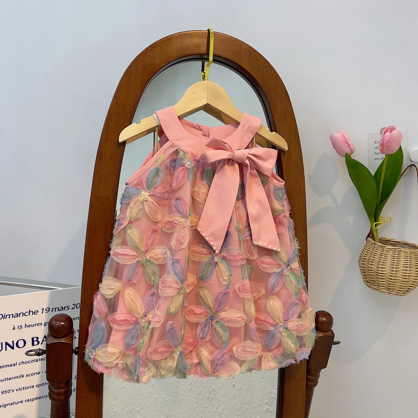 Summer Dress Girl Dresses 2025 Children Clothes Sleeveless Halter Mesh Sequins Bow Princess Dress Toddler Colorful Flower Dress