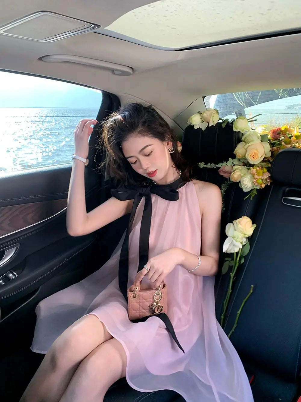 Women's Pink Halter Neck Maxi Dress With Black Bow Detail Sheer Chiffon Flowy Resort Party Dress