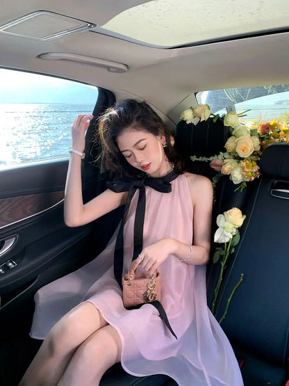Women's Pink Halter Neck Maxi Dress With Black Bow Detail Sheer Chiffon Flowy Resort Party Dress