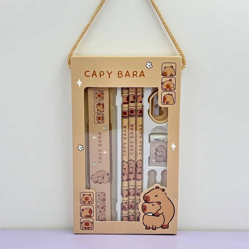 1Set 8 In 1 Student Stationery Capybara Pencil Ruler Eraser Sharpener Set Office Accessories School Writing Supplies Kids Gifts