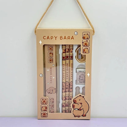 1Set 8 In 1 Student Stationery Capybara Pencil Ruler Eraser Sharpener Set Office Accessories School Writing Supplies Kids Gifts