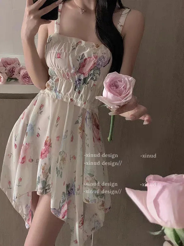 Hotsweet Style Flower Dress Chiffon Strap Temptation Sexy Elastic Waist Irregular Temperament Sweet Girl Perspective Dresses FJ8