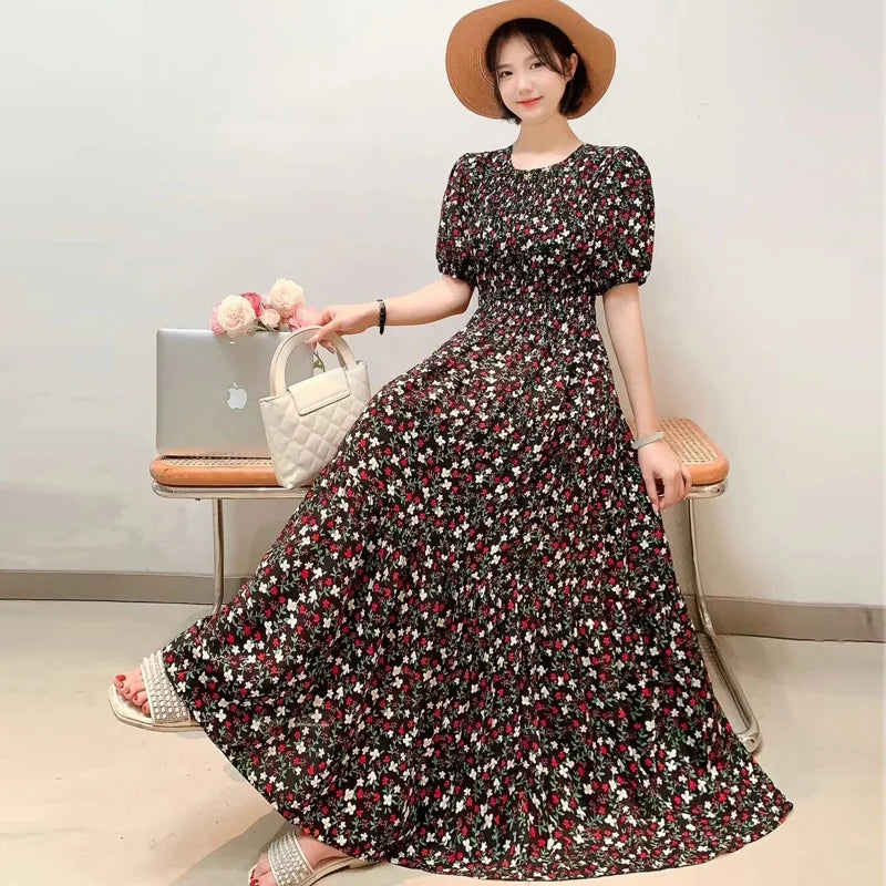 Summer New Cotton Silk Dr Casual High Waist Floral Print Beachwear Outerwear Slimming Waist Long Skirt A-Line Gown