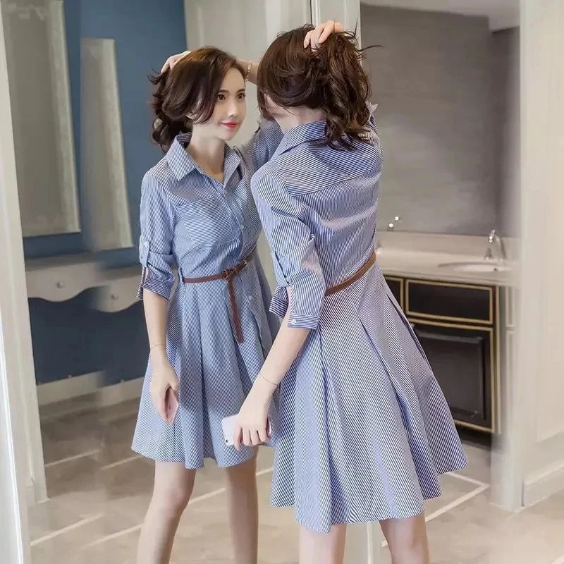 Women Korean Summer Attire Seven Quarter Sleeved Shirt Skirt Female New Fashion Blue White Striped Slim Dress Fit Shirt Skirt