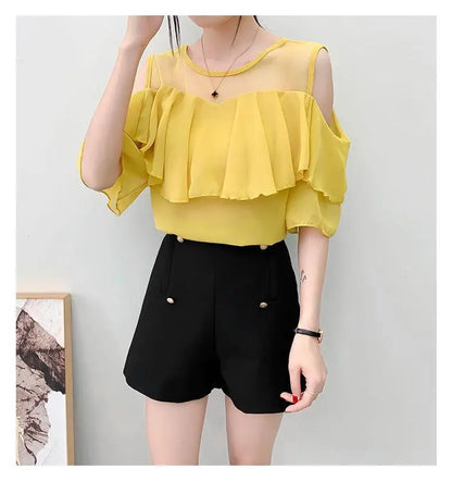 Off Shoulder Sexy Chiffon Blouses Women 2025 Summer Korean Fashion Clothes Ruffles Slim Sweet Ladies Casual Lace Tops Shirts Y2k