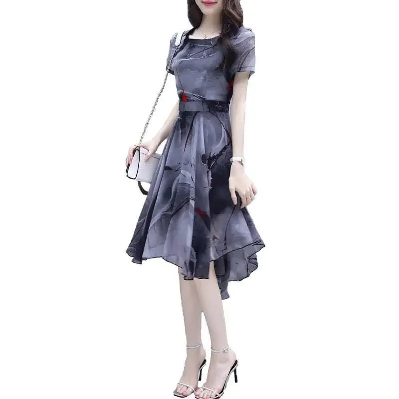 Summer New Women Short Sleeve Korean Elegant Ventilate Spliced Slim Printed Asymmetrical Dovetail Round Neck A-line Dresses B50