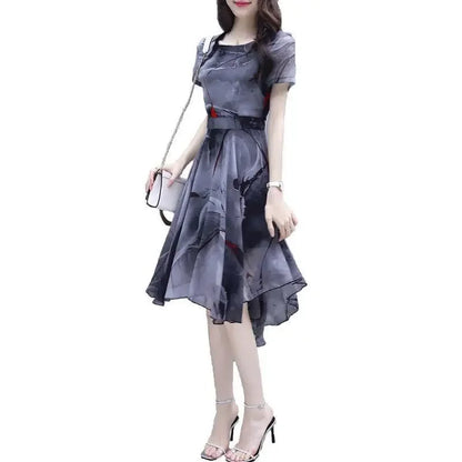Summer New Women Short Sleeve Korean Elegant Ventilate Spliced Slim Printed Asymmetrical Dovetail Round Neck A-line Dresses B50